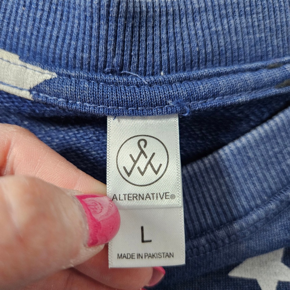 Alternative Apparel Womens Blue Star Print Raglan Sweatshirt Raw Hem Large - Picture 4 of 10